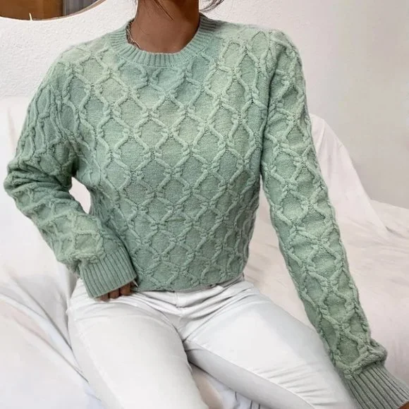 textured pattern sweater trending fall winter chic casual minty green - Picture 2 of 6